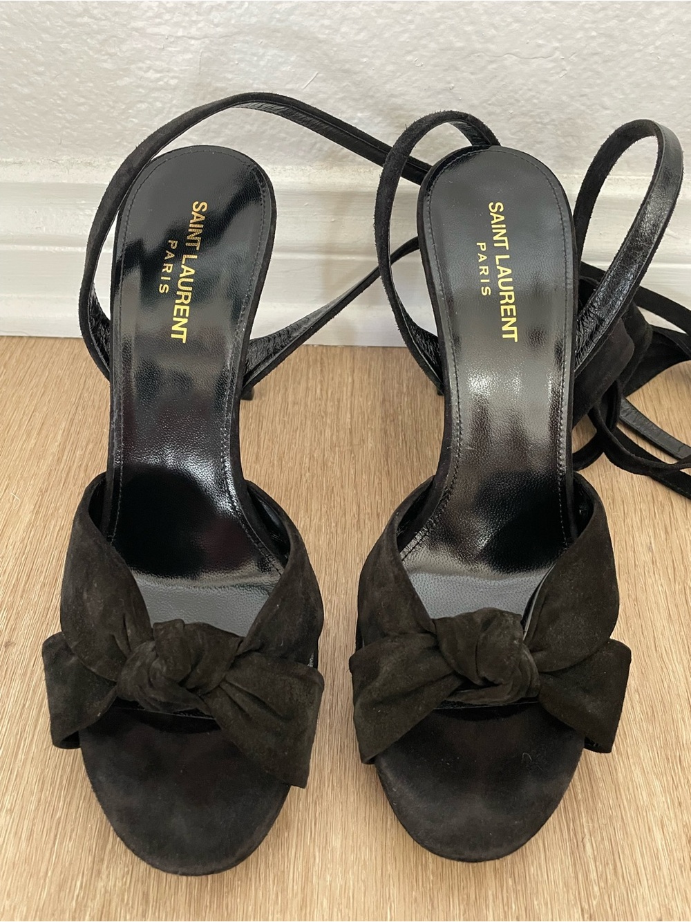 Saint Laurent Black Suede Knot-Front Heeled Sandals with Ankle Wrap - Picture 1 of 4